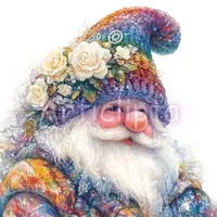 Watercolor colorful wedding gnome wearing vibrant rainbow knitted hat with white roses. Artistic bridal dwarf clipart for festive or pride designs.