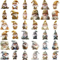 Preview grid of 36 Wedding Gnome Clipart in elegant gold and grey tones. Watercolor style gnomes with white beards, floral knit hats, and cozy outfits. Ideal for anniversary designs and low content activity books.
