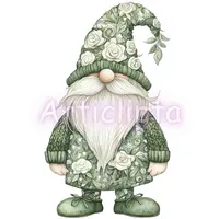 Watercolor green wedding gnome dressed in floral outfit and hat with white roses. Botanical garden dwarf illustration for nature-themed stationery.