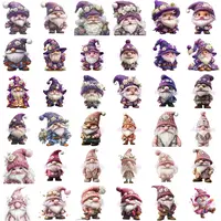 Assortment of 36 Watercolor Wedding Gnome Clipart in purple and pink tones. Grid view showing a variety of bridal and groom poses with floral hats. Perfect for digital scrapbooking, planner stickers, and sublimation.