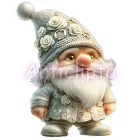 Watercolor wedding gnome featuring silver knitted hat adorned with white roses and gold rings. Elegant bridal dwarf clipart for invitation designs.