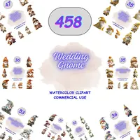 Wedding Gnome Clipart collection preview showing a variety of colors including pink, gold, and green. 458 files for stickers, scrapbooking, and planner layouts.