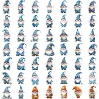 Extensive collection preview of over 40 watercolor wedding gnomes dressed in various shades of blue. Grid view showcasing diverse styles, poses, and tiny flower details. Isolated PNGs for wedding invitations and low content KDP books.