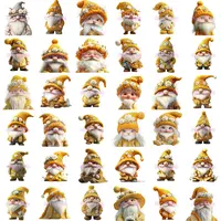 Large collection preview of 36 watercolor wedding gnomes in yellow and gold outfits, accented with small white flowers. Grid view demonstrating a variety of charming poses and facial expressions. Ideal for digital scrapbooking and sublimation.