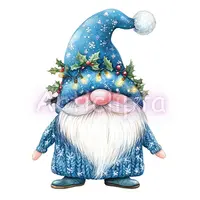 Watercolor blue Christmas gnome wearing snowflake hat wrapped in glowing fairy lights and holly. Cute winter dwarf isolated PNG for holiday sublimation.