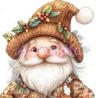 Watercolor brown Christmas gnome in cozy knitted hat adorned with holly leaves and berries. Warm winter dwarf character isolated PNG for holiday decor.