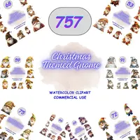 757 Christmas Gnome Clipart Bundle preview showing colorful variations including pink, purple, and rainbow styles. Full collection for planners and sublimation projects.