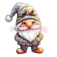 Watercolor grey winter gnome featuring hat decorated with colorful Christmas lights and holly. Adorable holiday dwarf character for festive mugs.