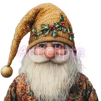 Watercolor vintage gold Christmas gnome wearing textured hat with holly berries. Classic holiday dwarf portrait for nostalgic card designs and crafts.