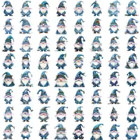Full collection preview of 64 charming Watercolor Christmas Gnomes in deep blue and turquoise winter colors. Variety of poses and knitted hats. Commercial use PNGs.