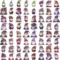 Assortment of 64 whimsical Watercolor Christmas Gnome Clipart in purple and lavender colors. Grid view showing diverse styles perfect for planner stickers and digital scrapbooking.