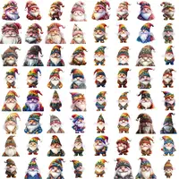 Collection grid showing 64 joyful Watercolor Christmas Gnome Clipart featuring vibrant rainbow and multicolored accents. Diverse poses and colorful knitted hats. Commercial use PNGs.