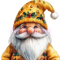 Watercolor yellow Christmas gnome with bright knitted hat and holly decoration looking up. Cheerful holiday dwarf illustration for festive sublimation.