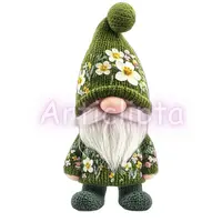 Watercolor garden gnome in green knitted hat with white flowers. Cute spring elf isolated PNG for Easter designs and nature-themed printables.