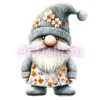 Watercolor spring gnome in grey outfit with pink blossoms on hat. Garden dwarf isolated clipart perfect for Mother's Day cards and planner stickers.