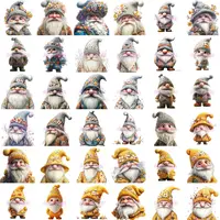 Collection preview in a 6x6 grid of grey and yellow spring flower gnomes. Includes gnomes with grey beards, grey hats, and bright yellow floral accents. Versatile PNGs for digital scrapbooking and planner layouts.