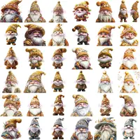 Extensive 6x6 grid preview of the orange and yellow floral spring gnome mega bundle. Diversity of poses and colorful flowery patterns on hats and clothing. Perfect for planner stickers, printables, and classroom materials.