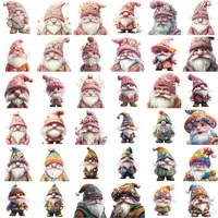 Full collection preview in a 6x6 grid showing pink and rainbow-colored spring gnome cliparts with floral details. Assortment includes charming portraits and vibrant full-body figures. High quality PNGs for educational resources.