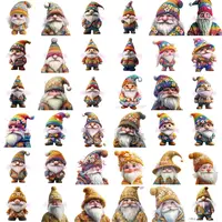 Detailed 6x6 grid view showcasing a variety of colorful rainbow-themed and floral spring gnome cliparts. Focus on the wide range of expressions and dynamic, full-color outfits. Ideal for activity books and sublimation printing.