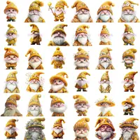 Full collection preview of yellow spring flower gnome clipart bundle in a 6x6 grid view. Assortment of bearded gnomes with floral hats and bright yellow knitted outfits. Ideal for educational resources and planner stickers.
