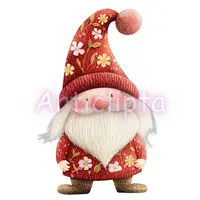 Watercolor spring gnome wearing red hat with white floral pattern. Cute garden elf isolated clipart for Valentine's Day or spring crafts.