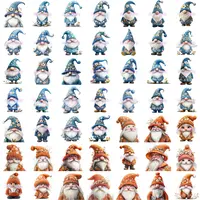 Watercolor Spring Gnome Clipart Bundle grid view displaying 49 bearded gnomes in blue and orange outfits with floral detailing. Variety of expressions and poses. Commercial use PNGs for educational resources.