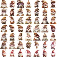 Watercolor Spring Gnome Clipart Bundle grid view showcasing 49 adorable gnomes in various brown, tan, and earthy tones with flower accents. Assortment of styles. High quality isolated PNGs for sublimation.
