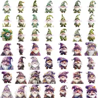 Watercolor Spring Gnome Clipart Bundle full collection preview grid of 49 unique gnomes in green and purple colors. Variety of flowery hats and bearded looks. Commercial use PNGs for stickers and digital planners.