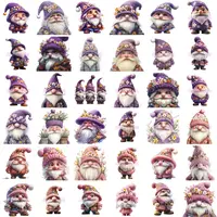 Watercolor Spring Gnome Clipart Bundle grid view showing 36 adorable gnomes in pink and purple floral outfits. Variety of gnome poses and detailed floral hat arrangements. Perfect for digital planner stickers.