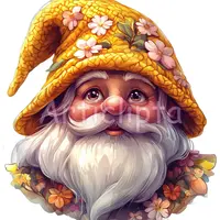 Watercolor garden gnome portrait with yellow hat and spring flowers. Cute floral dwarf face isolated clipart for greeting cards and mugs.
