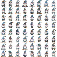 Full collection preview of the Autumn Gnome Clipart Bundle showing 64 watercolor gnomes in deep blue and turquoise fall tones. Commercial use PNGs for stickers and planners.