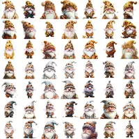 Full assortment grid view of Watercolor Autumn Gnomes Clipart featuring a mix of brown, orange, and grey colors and poses. Commercial use PNGs for sublimation projects.