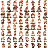 Full collection preview of the Autumn Gnome Clipart Bundle showing 64 cute gnomes in vibrant orange fall tones. High-quality isolated PNGs for sublimation and scrapbooking.