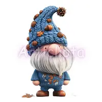 Watercolor autumn gnome in blue knitted outfit with acorns on hat. Cute fall dwarf isolated PNG for cozy season designs and sublimation.