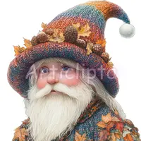 Watercolor autumn gnome with colorful orange knit hat featuring acorns. Whimsical fall character isolated clipart for sublimation and sticker sheets.