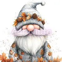 Watercolor fall gnome wearing grey hat adorned with orange leaves and pinecones. Cute forest dwarf PNG for autumn sublimation and harvest decor.