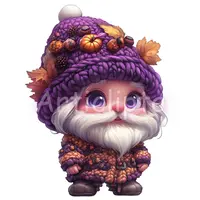 Watercolor autumn gnome wearing purple knitted hat decorated with mini pumpkins. Cute fall dwarf isolated PNG for sublimation and Thanksgiving designs.