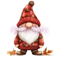 Watercolor fall gnome in red clothing with pinecone pattern. Standing autumn dwarf isolated clipart for Thanksgiving invites and decor.
