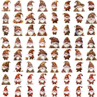 Grid view showing a large assortment of Watercolor Autumn Gnomes Clipart in various poses and deep brown fall tones. High-quality transparent PNGs for digital scrapbooking.