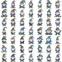 Grid view showing the entire collection of 49 cute blue watercolor gnome clipart characters with detailed floral outfits. Perfect for high-quality sublimation.