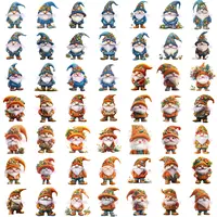 Contact sheet showing 49 different blue floral gnome clipart characters in various poses. High-quality isolated PNGs for sublimation and printable craft projects.