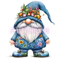 Watercolor garden gnome wearing a blue knitted hat decorated with onions and peppers. Cute fantasy character for vegetable harvest designs. Isolated PNG for sublimation.