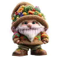 Watercolor harvest gnome wearing a brown hat covered in broccoli and pumpkins. Cute vegetable garden character for autumn designs. Digital crafting PNG resource.