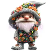 Cute watercolor gnome in gray knitwear with a hat full of colorful flowers and vegetables. Adorable garden fantasy character for spring designs. High quality PNG.