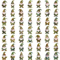 Full collection preview of 49 Watercolor Green Gnome Clipart characters adorned with floral and vegetable patterns. Ideal for digital scrapbooking and planner stickers.