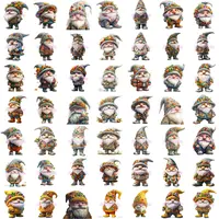 Full preview of 49 grey and autumn-themed watercolor gnome clipart figures decorated with pumpkins and fall leaves. Great for educational resources and POD.