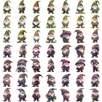 Mega Bundle Gnome Clipart grid view showing a wide variety of gnomes dressed in green and purple, decorated with foliage and blossoms. Perfect for digital scrapbooking and low content book creation.