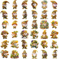 Watercolor Gnome Mega Bundle grid view with 36 vibrant gnomes in yellow and orange outfits. Assortment of styles, from simple poses to gnomes carrying flowers and vegetables. Transparent PNGs for sublimation.