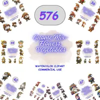 576 Gnome Mix Clipart Bundle preview showing an massive assortment of colors including pink, blue, and rainbow gnomes. Grid view of full collection for stickers and POD.