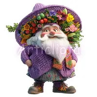 Cheerful watercolor gnome in a purple outfit with a hat overflowing with tomatoes and flowers. Gardening themed fantasy clipart for printables. Transparent PNG.